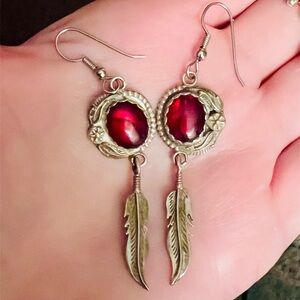 Vtg Sterling Silver and Red Gem Feather Earrings, Western, Native, Drop Style